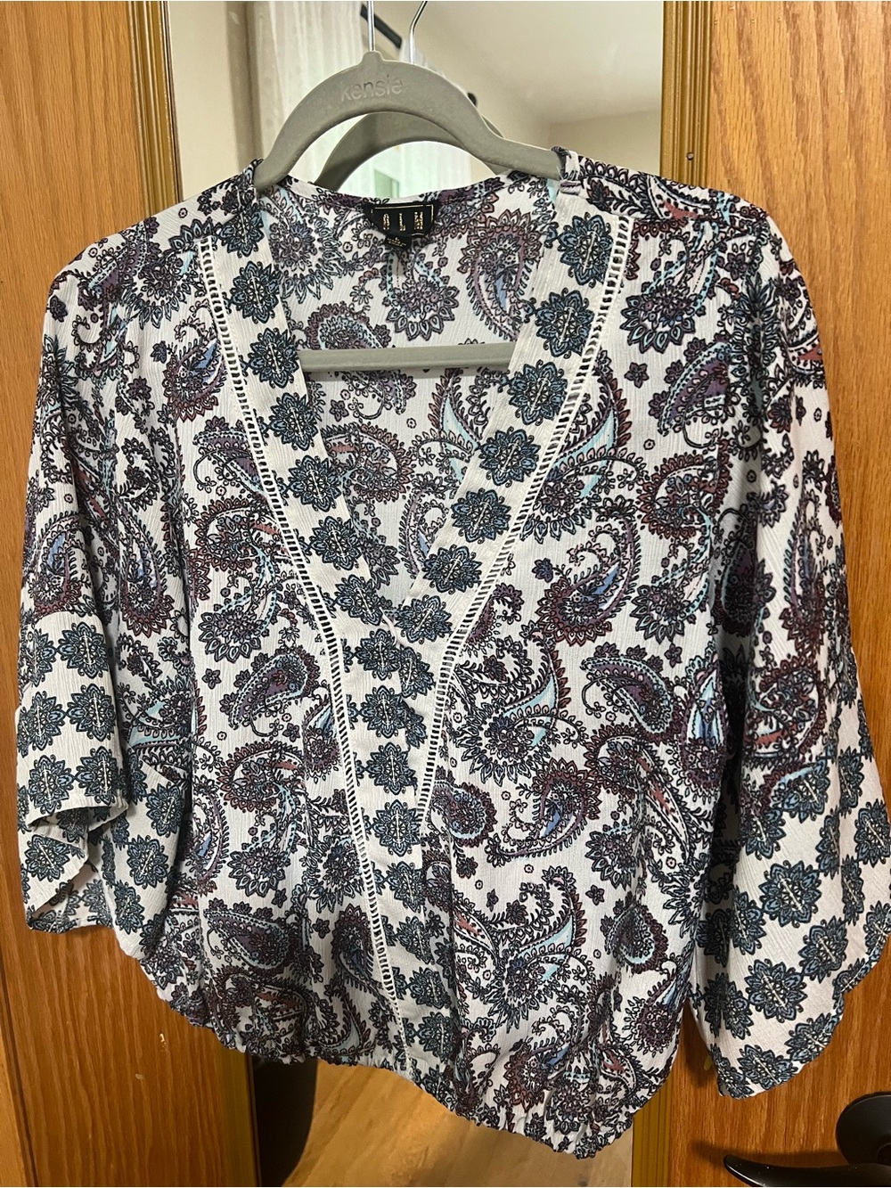 Paisley V-Neck Blouse - White with Blue & Brown Floral Motif